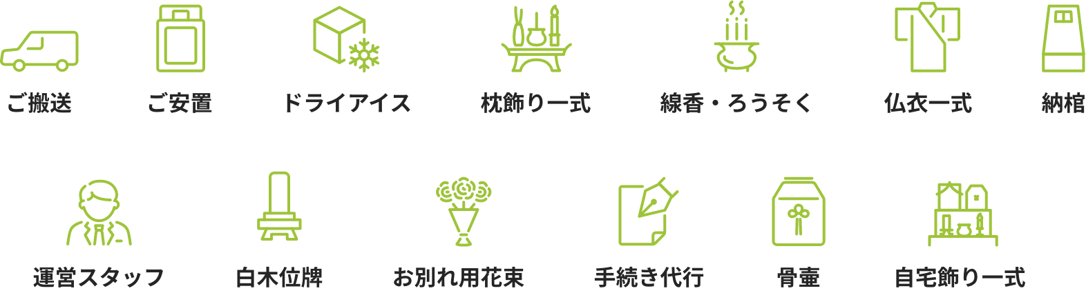 ご搬送・ご安置・ドライアイス・枕飾り一式・線香・ろうそく・仏衣一式・納棺・運営スタッフ・白木位牌・お別れ用花束・手続き代行・骨壷・自宅飾り一式